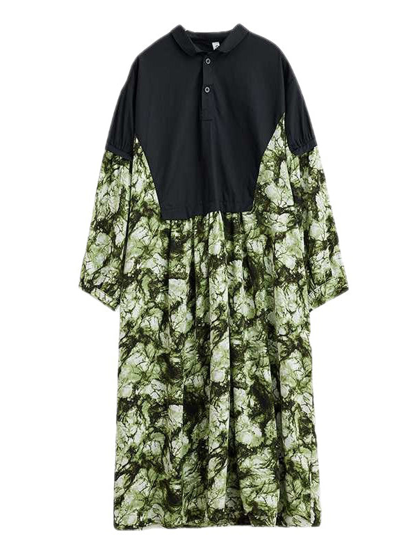 Buttoned Printed Split-Joint Long Sleeves Loose Lapel Midi Dresses