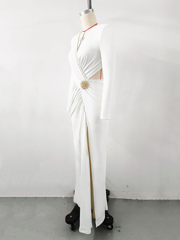 Asymmetric Hollow Pleated Rhine Stones Shoulder Pad Split-Side Long Sleeves Skinny V-Neck Maxi Dresses