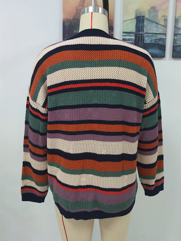 Original Long Sleeves Loose Contrast Color Striped Round-Neck Sweater Tops