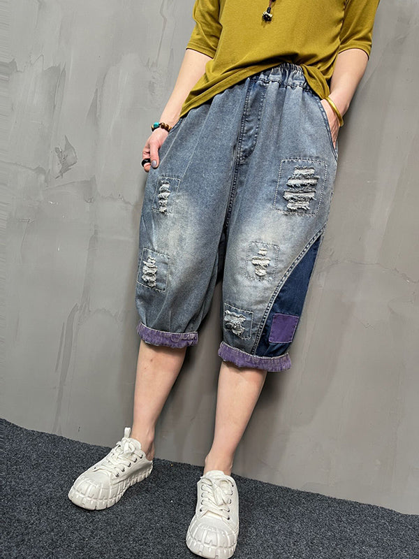 Contrast Color Elasticity Split-Joint Harem Pants Loose Jean Pants Bottoms