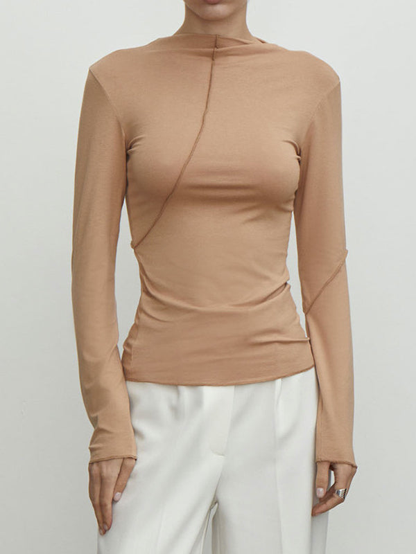 Asymmetric Solid Color Long Sleeves Skinny Mock Neck T-Shirts Tops