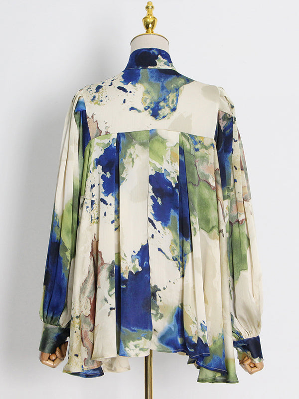 Loose Printed Puff Sleeves Pleated Stand Collar Blouses