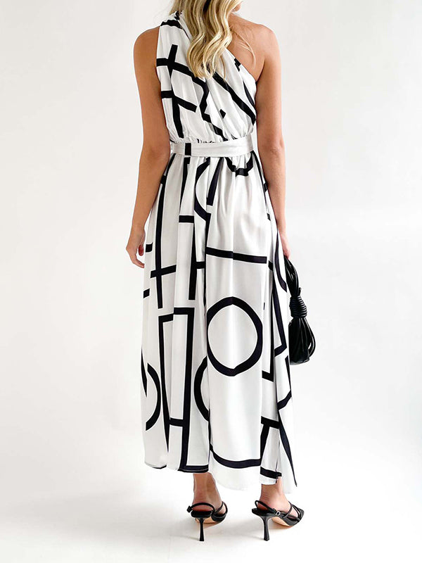 Bandage Contrast Color Hollow Printed Loose Sleeveless One-Shoulder Midi Dresses
