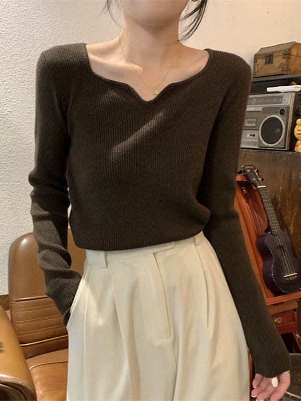 Colorful Solid Color Long Sleeves Skinny V-neck Sweater Tops Pullovers Knitwear