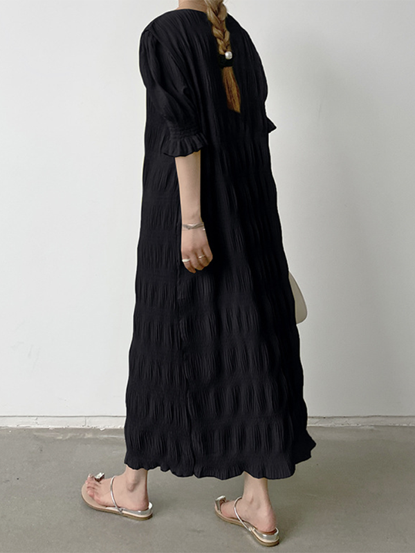 Pleated Solid Color Flared Sleeves Half Sleeves Round-Neck Midi Dresses