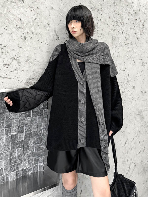 Buttoned Contrast Color Reversible Split-Joint Long Sleeves Loose Collarless Outerwear Cardigan Tops