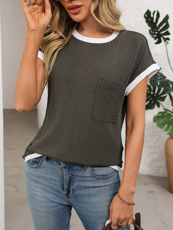 Colorful Contrast Color Pockets Loose Short Sleeves Round-neck T-Shirts Tops