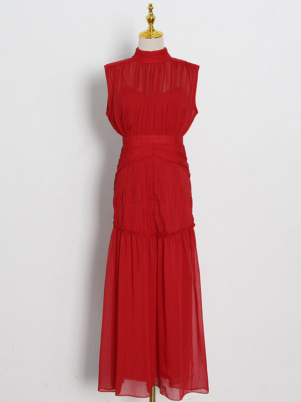 Urban Solid Color High Waisted Falbala Maxi Dress
