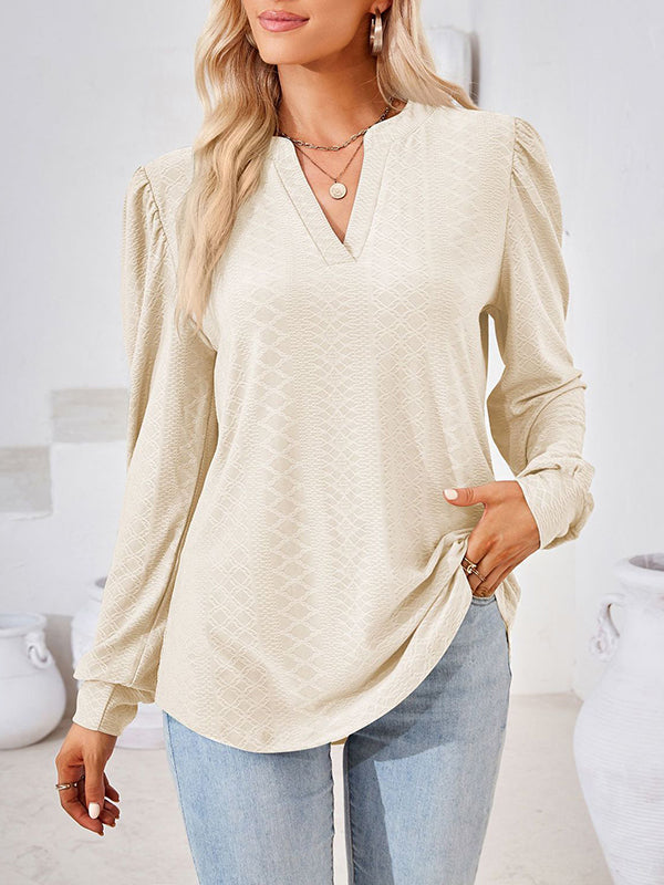 Jacquard Solid Color Long Sleeves Loose V-neck T-Shirts Tops