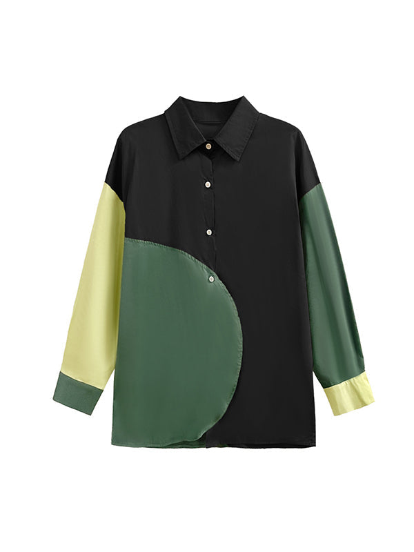 Asymmetric Buttoned Contrast Color Long Sleeves Loose Lapel Blouses&Shirts Tops