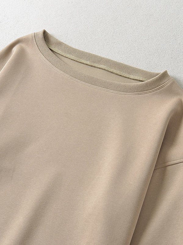Solid Color Split-Joint Long Sleeves Loose Round-neck Sweatshirt Tops
