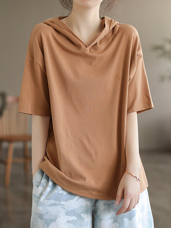 Hooded Solid Color Short Sleeves Hooded T-Shirts Tops