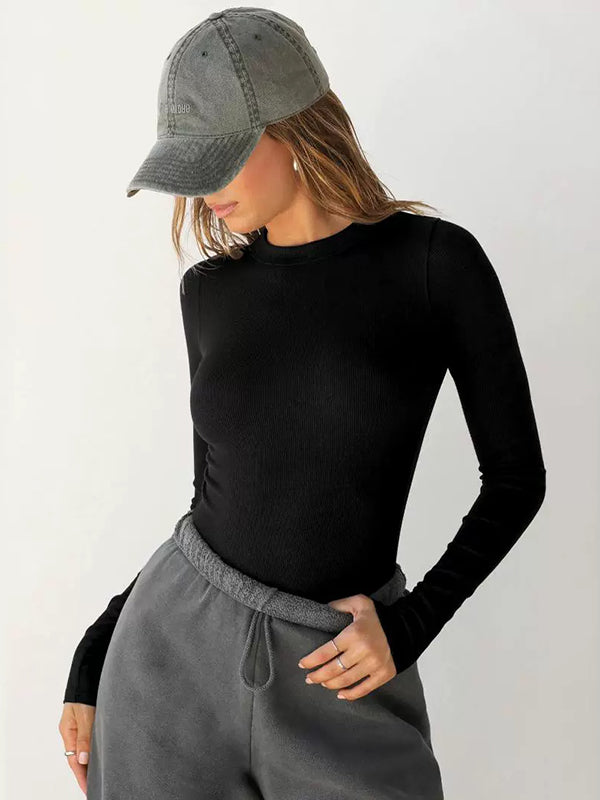 Solid Color Split-Joint Long Sleeves Skinny Round-Neck T-Shirts