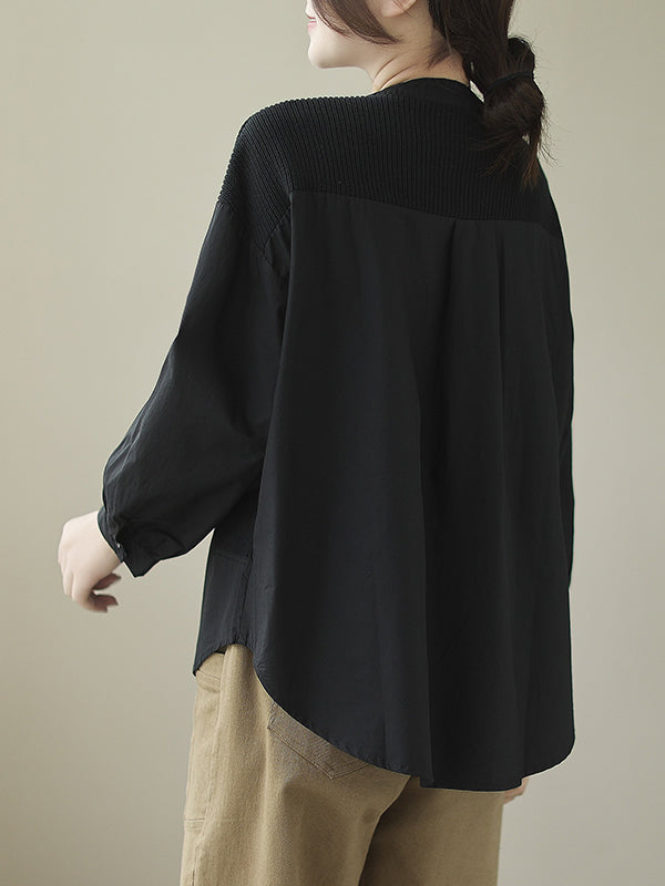 Asymmetric Buttoned Pockets Split-Joint Long Sleeves Loose Round-Neck Blouses&Shirts Tops