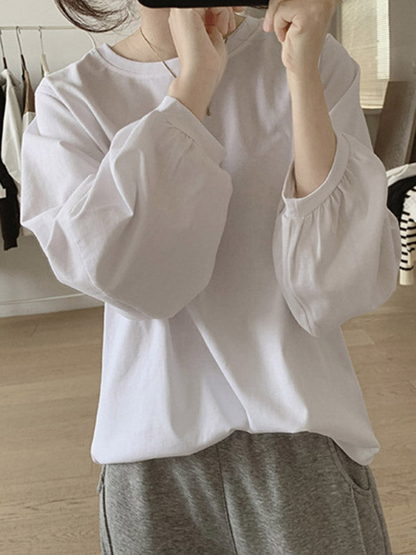 Pleated Solid Color Long Sleeves Loose Round-Neck T-Shirts Tops