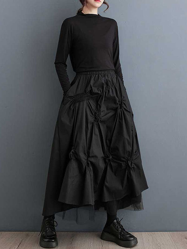 Elasticity Pleated Pockets Solid Color Tulle High-Low Loose Skirts Bottoms