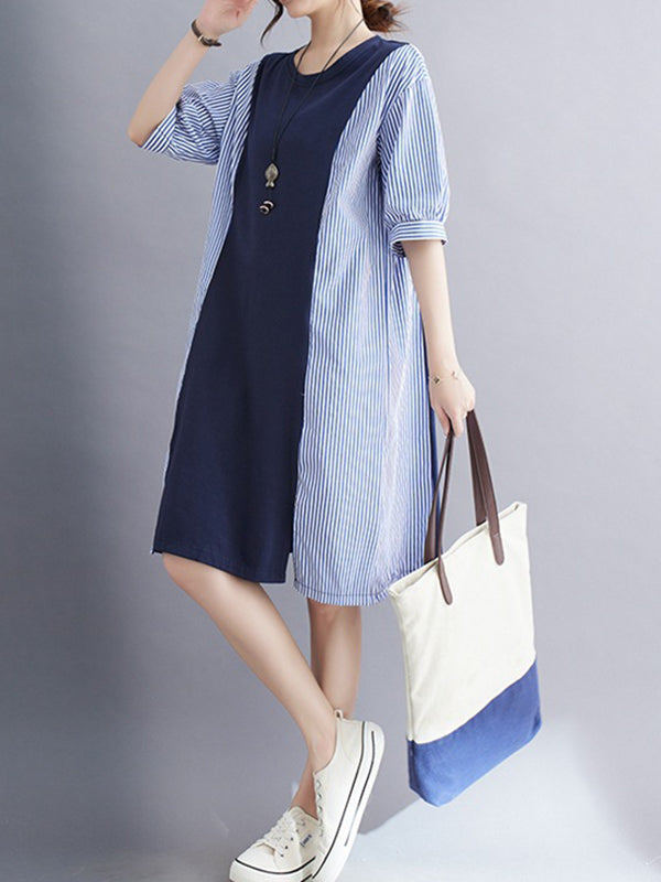 Split-Joint Striped Loose Short Sleeves Round-neck Midi Dresses
