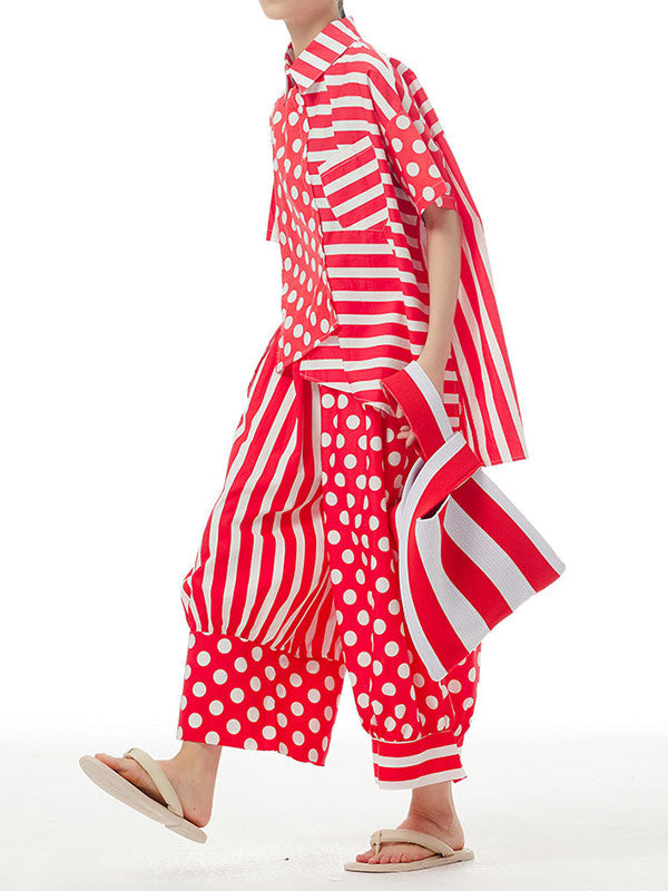 Polka-Dot Split-Joint Striped Irregular clipping Loose Lapel Shirts Tops