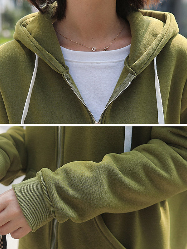 4Colors Drawstring Hooded Split-Joint Pocket Solid Color Zipper Outerwear