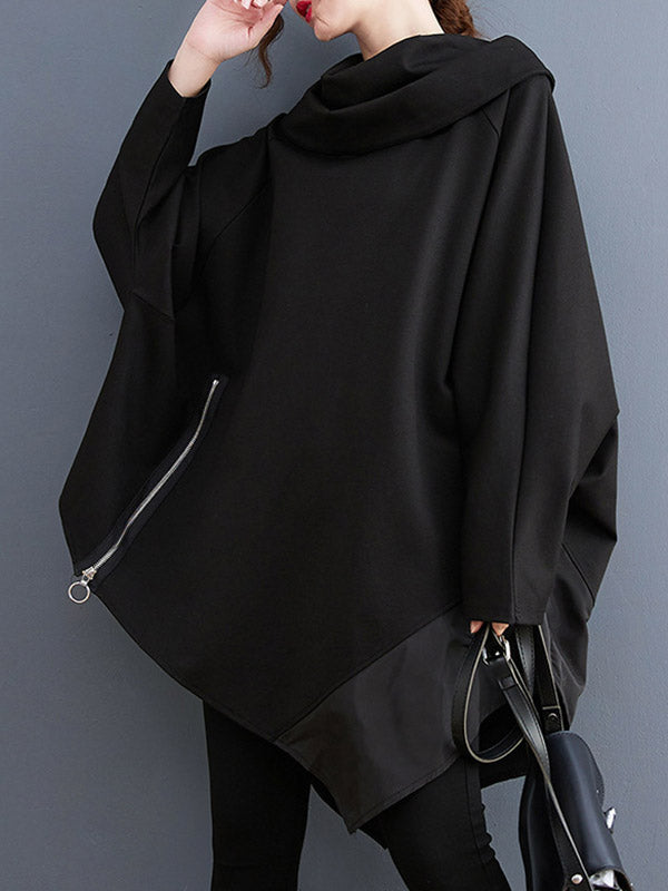 Asymmetric Split-Joint Zipper Long Sleeves Loose Heaps Collar Sweatshirt Tops