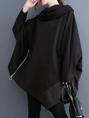 Asymmetric Split-Joint Zipper Long Sleeves Loose Heaps Collar Sweatshirt Tops
