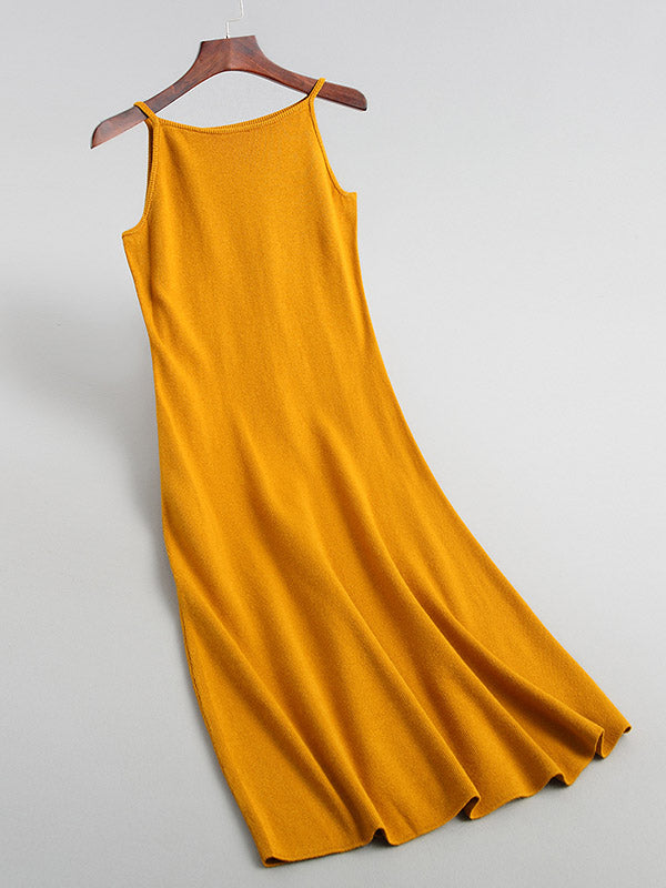 Solid Color A-Line High Waisted Spaghetti-Neck Midi Dresses