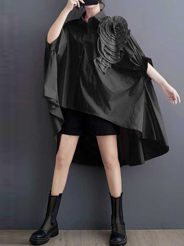 Asymmetric Buttoned Pleated Solid Color Three-Dimensional Flower Batwing Sleeves Half Sleeves Lapel Blouses&Shirts Tops