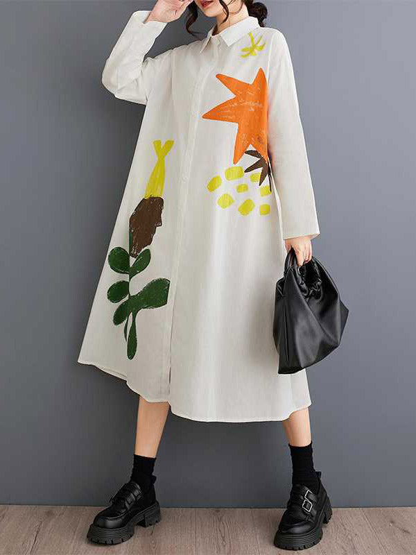 Buttoned Pockets Printed Split-Joint A-Line Long Sleeves Lapel Shirt Dress Midi Dresses