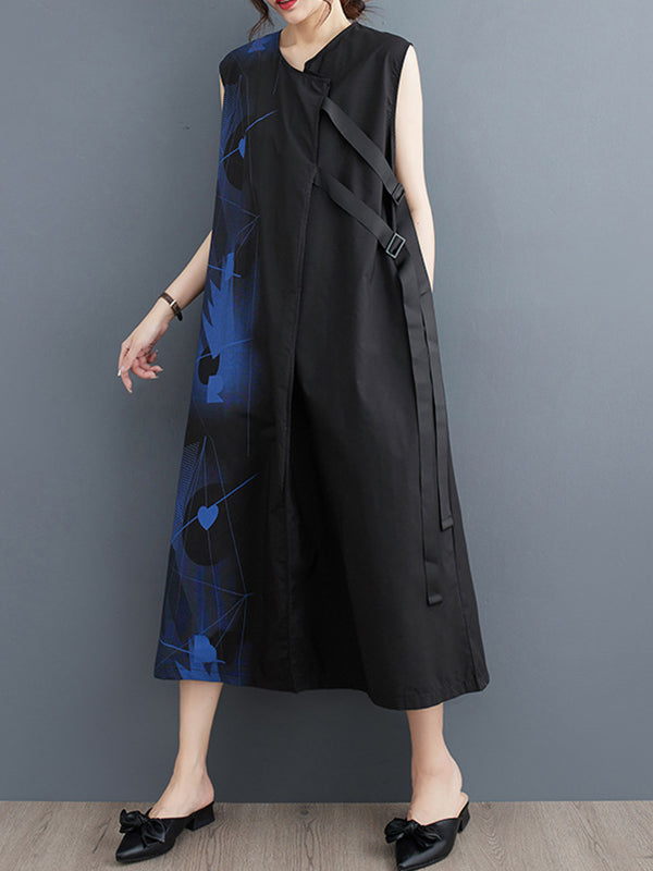 Printed Loose Sleeveless Round-neck Midi Dresses