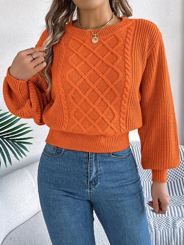 Cable Knit Solid Color Elasticated Waist Long Sleeves Round-Neck Sweater Tops Knit Top
