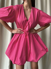 Solid Color Loose Puff Sleeves V-Neck Mini Dresses
