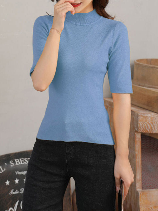 15 Colors Knitting Solid Color High-Neck Short Sleeves Pullover