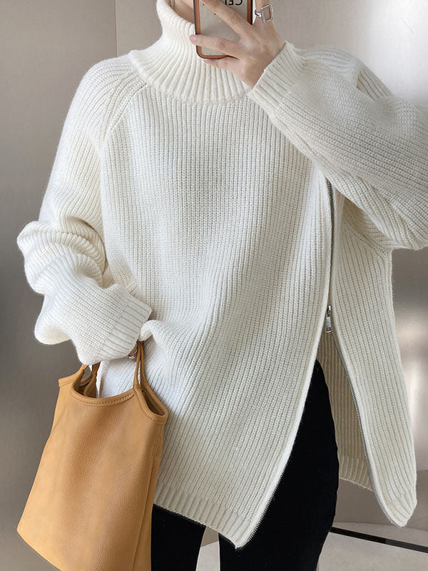 Urban Loose Long Sleeves Split-Side Solid Color Zipper Halter-Neck Sweater Tops