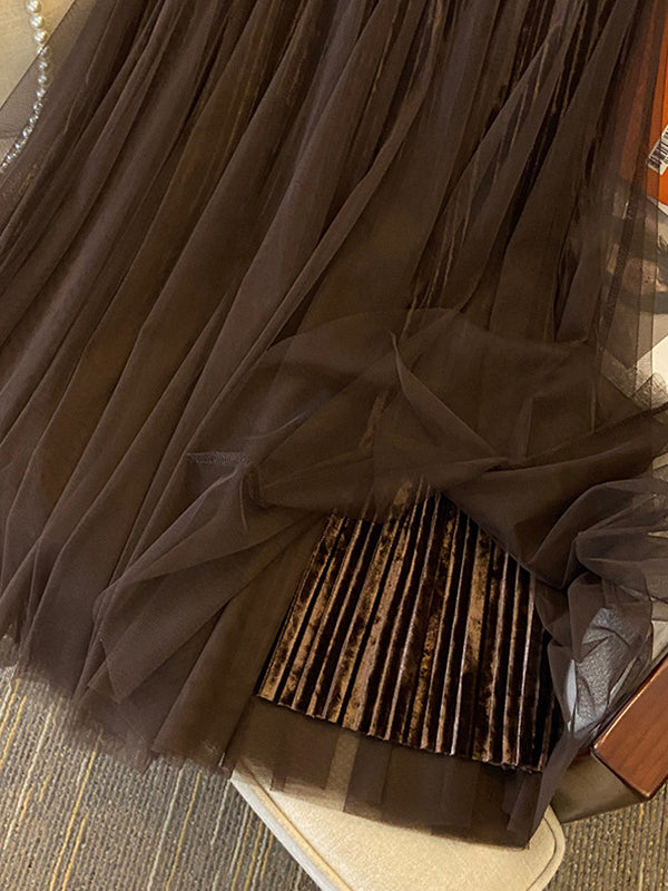 Gauze Pleated Solid Color Split-Joint A-Line High Waisted Skirts