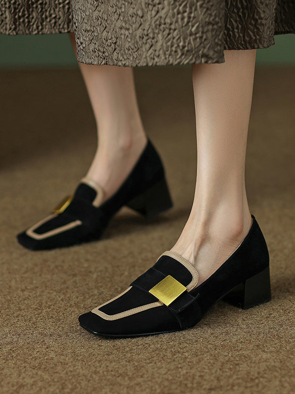 Contrast Color Square-Toe Mid Heels Loafers