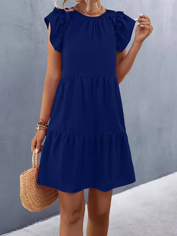 Pleated Solid Color Split-Joint A-Line Loose Round-Neck Mini Dresses