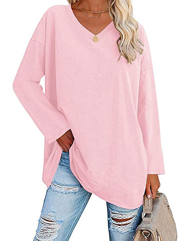 See-Through Solid Color Split-Joint Long Sleeves Loose V-neck T-shirts