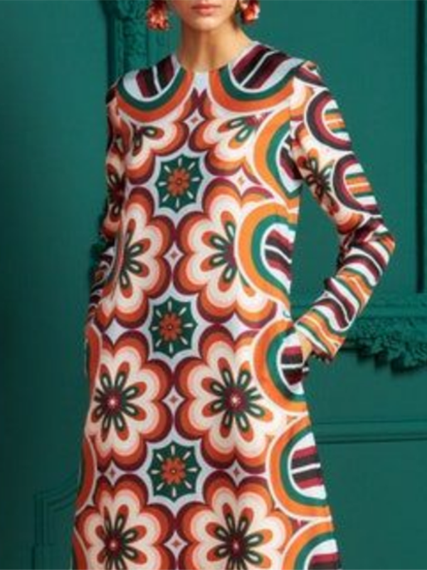 Contrast Color Flower Print Long Sleeves Round-Neck Midi Dresses