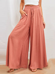 Drawstring Elasticity Pockets Solid Color High Waisted Loose Trousers Pants