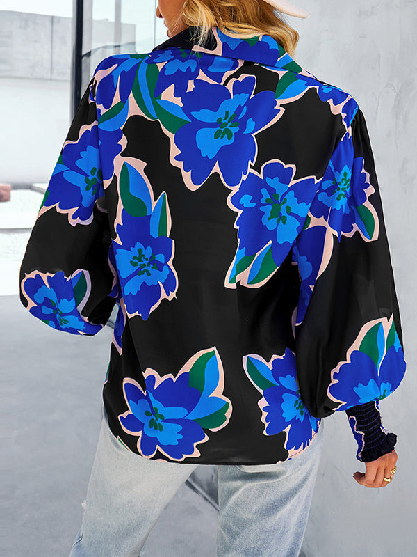 Buttoned Elasticity Flower Print Long Sleeves Loose Lapel Blouses&Shirts Tops