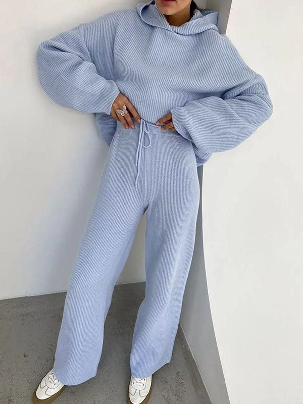 Solid Color Loose Round-Neck Hooded Long Sleeves Sweater Top + Drawstring Pants Bottom Two Pieces Set
