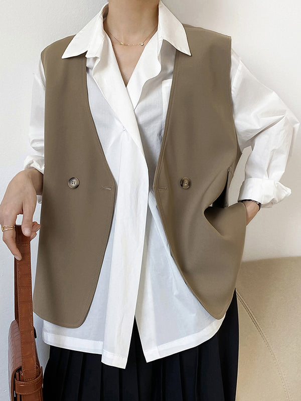 Pockets Split-Joint Loose Sleeveless V-Neck Vest Top