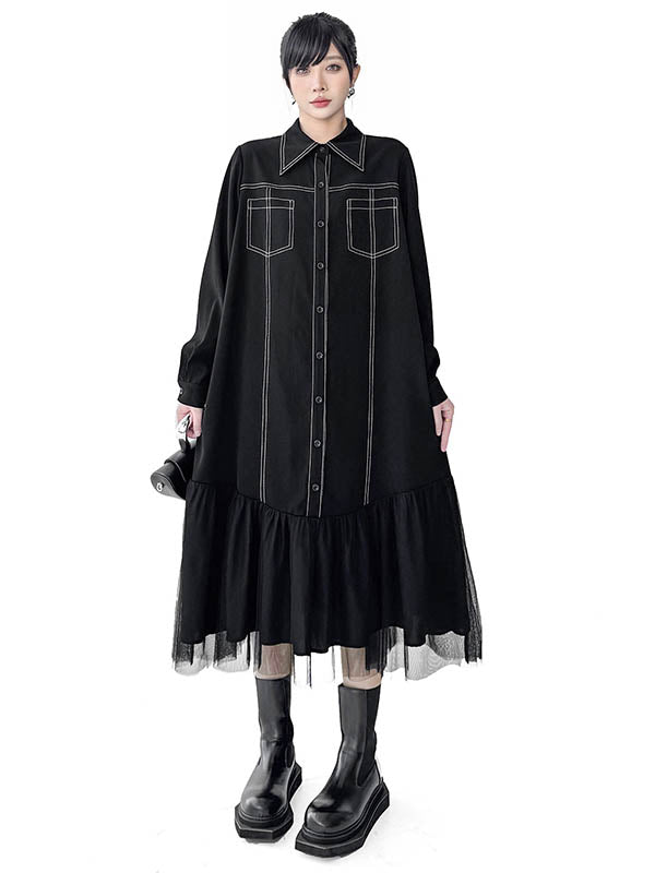 Asymmetric Buttoned Line Solid Color Split-Joint Irregularity Long Sleeves Lapel Shirt Dress Midi Dresses