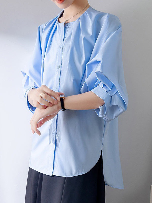 Buttoned Pleated Solid Color Half Sleeves Loose Round-Neck Blouses&Shirts Tops