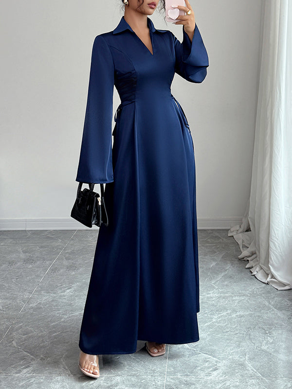 Solid Color Tied Flared Sleeves High Waisted Lapel Maxi Dresses