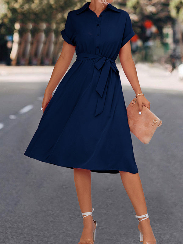 Buttoned Solid Color Tied Waist A-Line High Waisted Lapel Collar Shirt Dress Midi Dresses