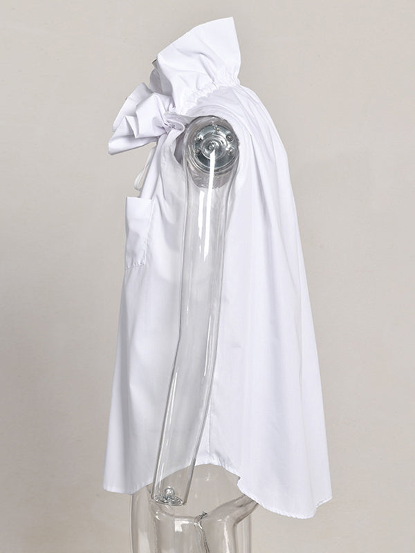 Buttoned Drawstring Pleated Solid Color Loose Sleeveless Stand Collar Vest Top