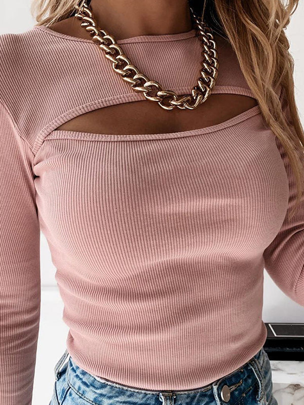 Hollow Solid Color Long Sleeves Skinny Round-Neck T-Shirts Tops