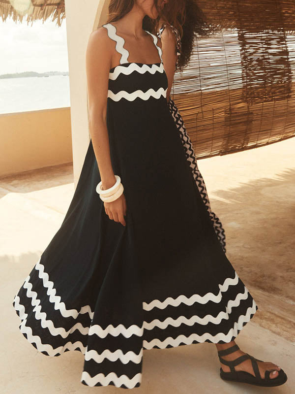 A-line High Waisted Contrast Color Zipper Square-neck Maxi Dresses Midi Dresses