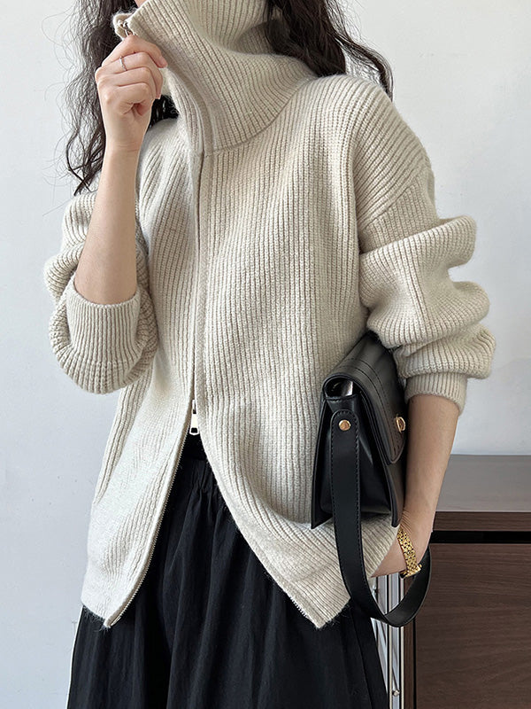 Solid Color Zipper Long Sleeves Loose Lapel Cardigan Tops